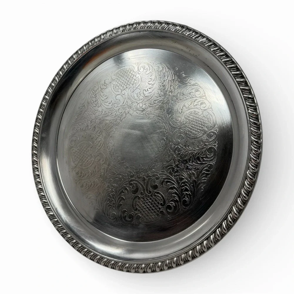 Silverplate Serving Tray Fales 1779‎ Round Shell Scroll Etched 12